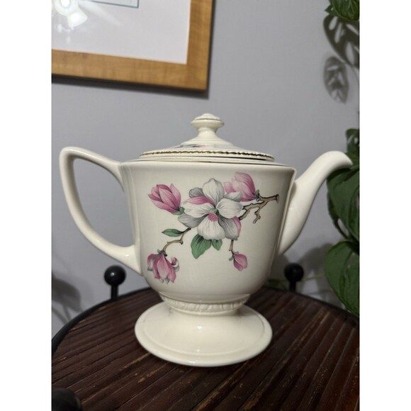 Vintage Homer Laughlin Teapot Coffee Pot Magnolia/Pink Dogwood Flowers - Picture 9 of 9